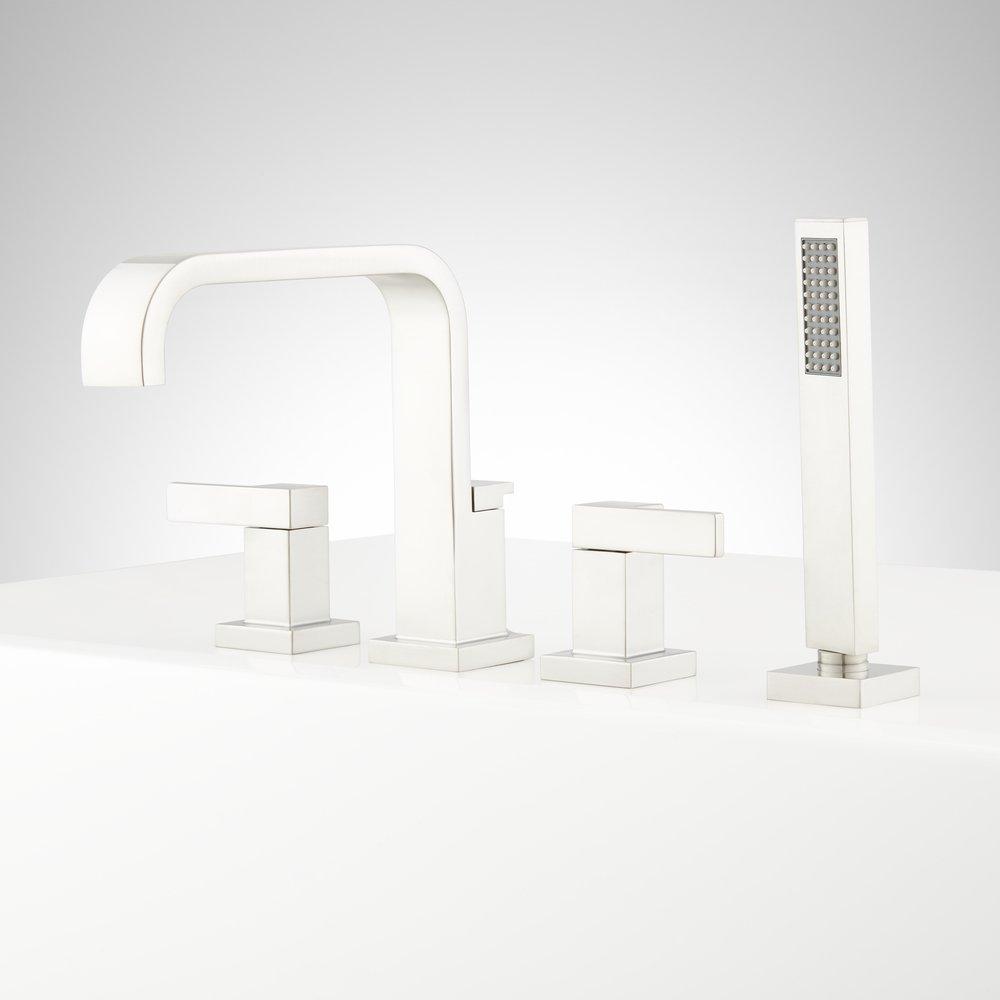Signature Hardware Brushed Nickel 1.8 gpm 4-Hole Deck Mount Roman Tub Faucet with Double Lever Handle and Hand Shower 