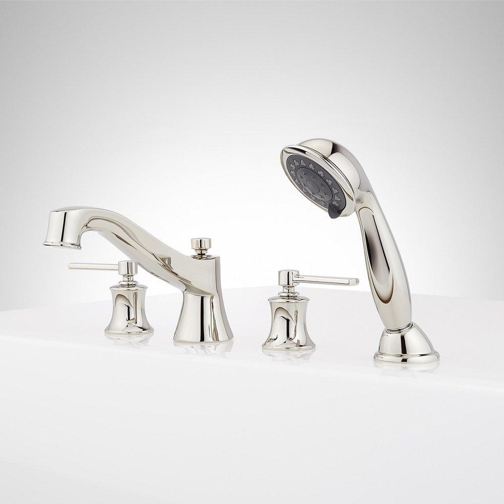 Mirabelle® Polished Nickel 1.8 gpm 4-Hole Deck Mount Roman Tub Faucet with Double Lever Handle and Hand Shower 
