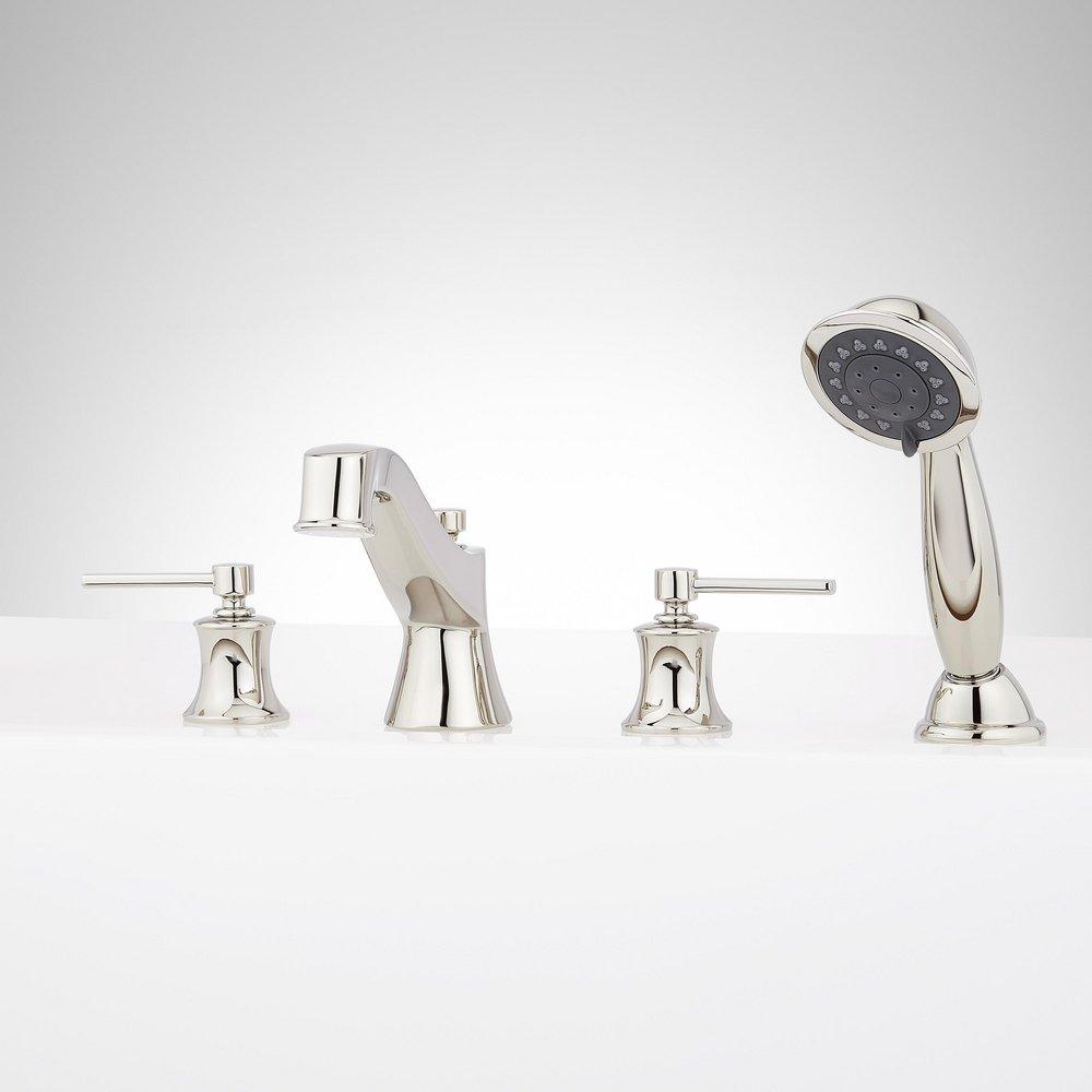 Mirabelle® Polished Nickel 1.8 gpm 4-Hole Deck Mount Roman Tub Faucet with Double Lever Handle and Hand Shower 