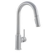 Silo image of brushed nickel kitchen faucet.