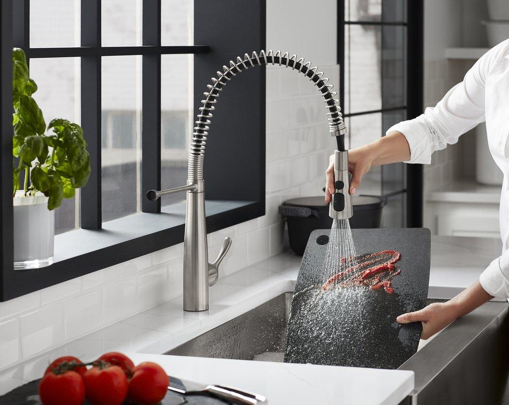 KOHLER Vibrant Stainless Single Handle Pull Down Semi-Professional Kitchen Faucet with Three-Function Spray, Magnetic Docking and MasterClean Technology 