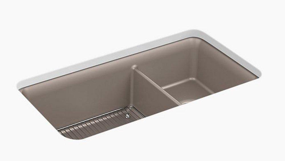 KOHLER Matte Toupe 33-1/2 x 18-5/16 in. No-Hole Composite Double Bowl Undermount Kitchen Sink 