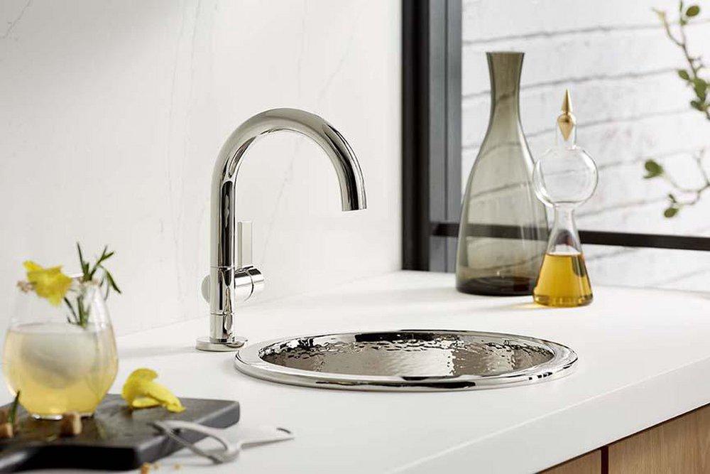 Kallista Nickel Silver Deck Mount Bathroom Sink Faucet with Single Lever Handle and Gooseneck Spout 