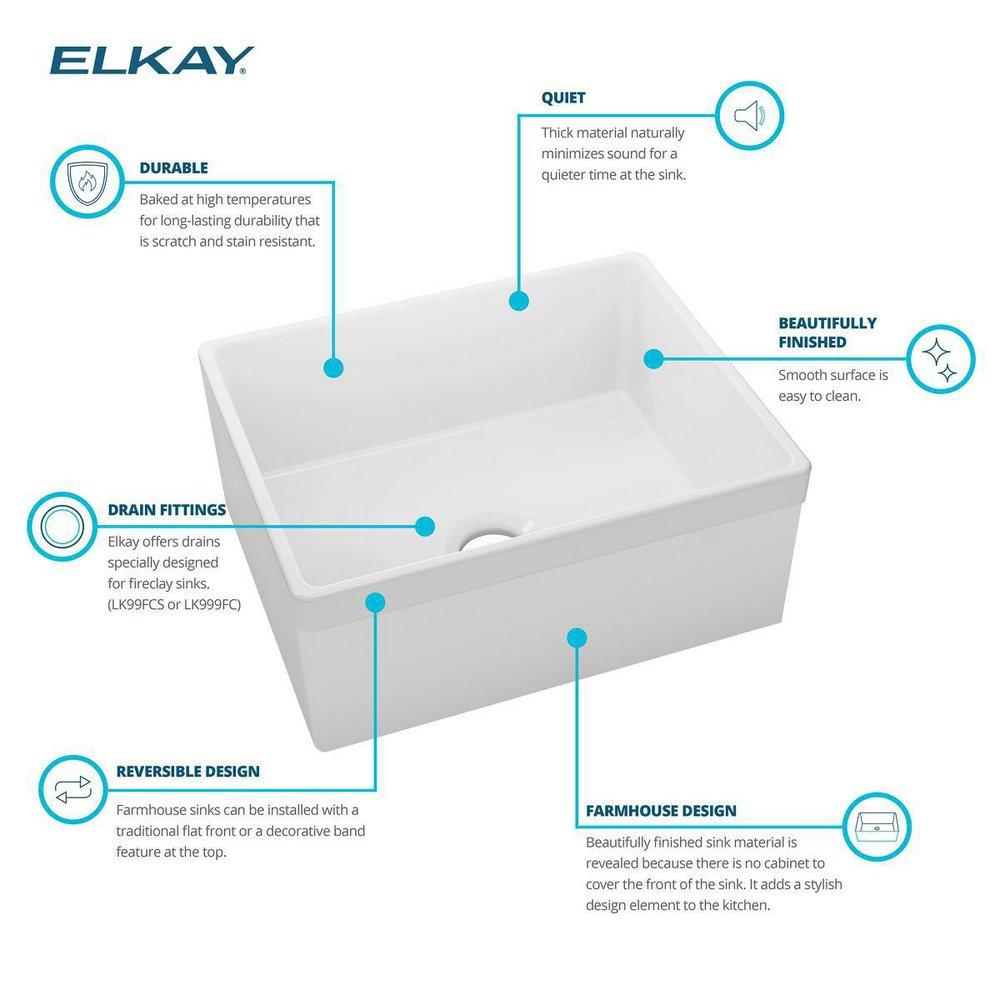 Elkay White 24-3/8 x 19-5/8 in. Fireclay Single Bowl Farmhouse Kitchen Sink 