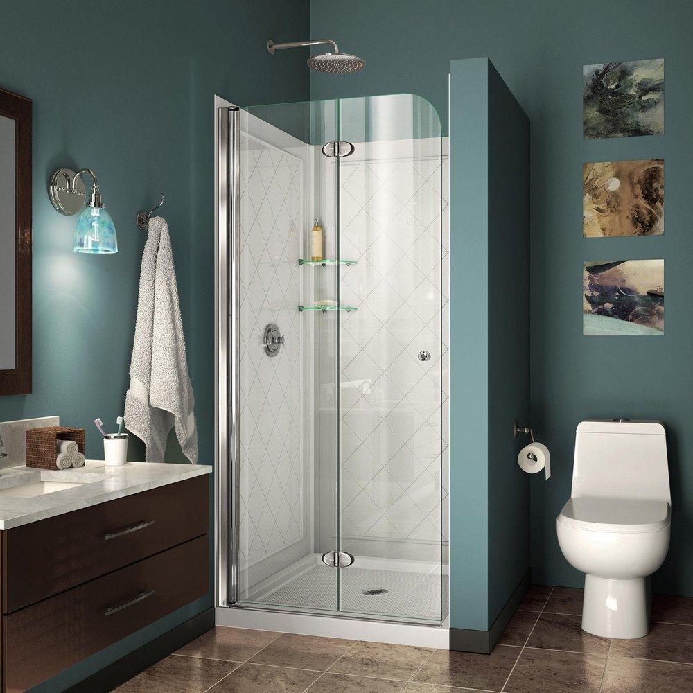 DreamLine Chrome/White 76-3/4 x 32 in. Frameless Bifold Shower Door with Base Kit 