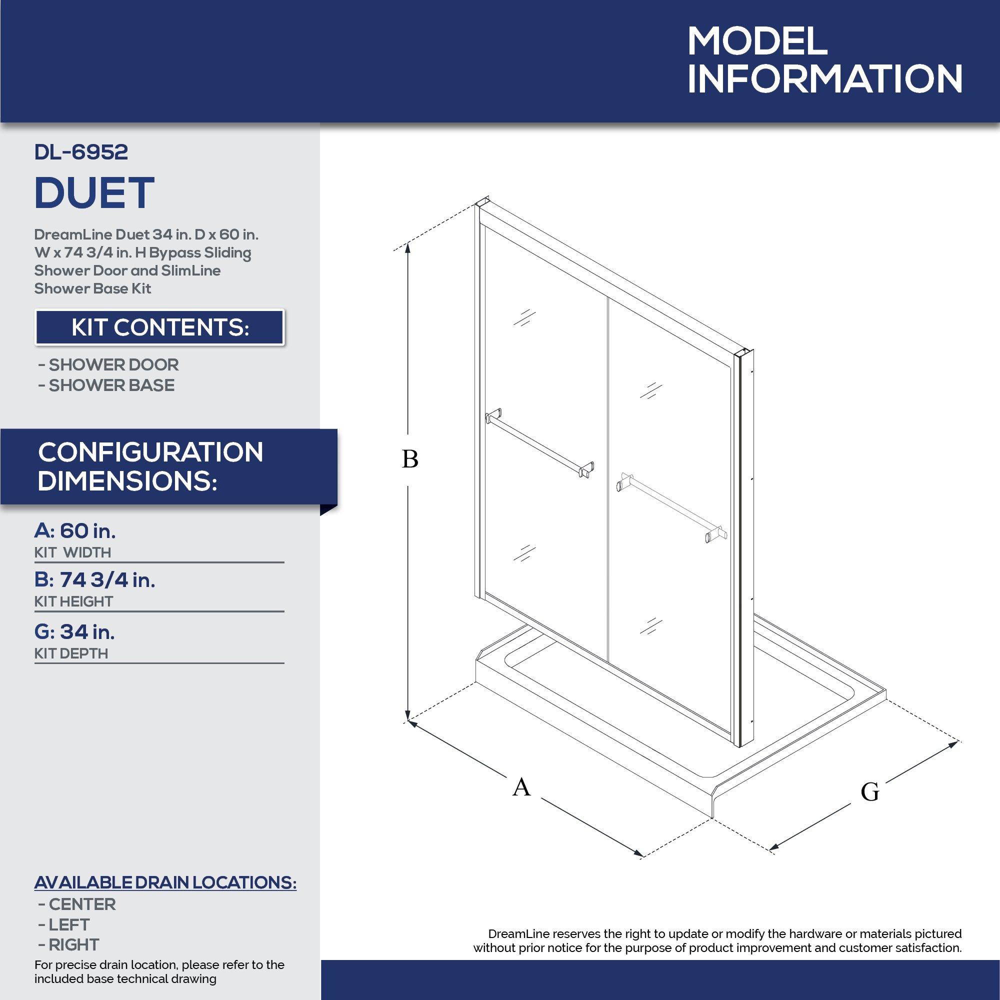 DreamLine Chrome/White 74-3/4 x 60 in. Semi-Framed Sliding Shower Door with Base Kit 