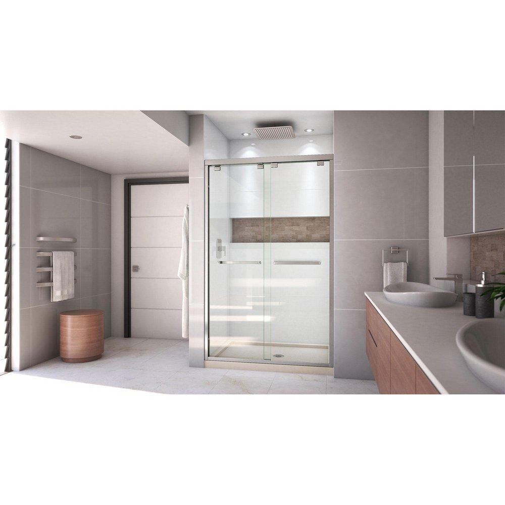 DreamLine Brushed Nickel/Biscuit 78-3/4 x 48 in. Semi-Framed Sliding Shower Door with Base Kit 