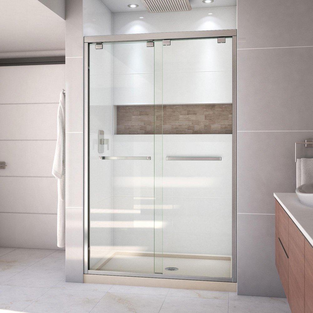 DreamLine Brushed Nickel/Biscuit 78-3/4 x 48 in. Semi-Framed Sliding Shower Door with Base Kit 