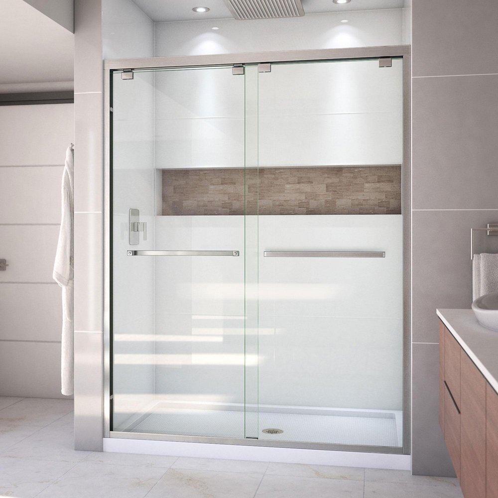 DreamLine Brushed Nickel/White 78-3/4 x 60 in. Semi-Framed Sliding Shower Door with Base Kit 