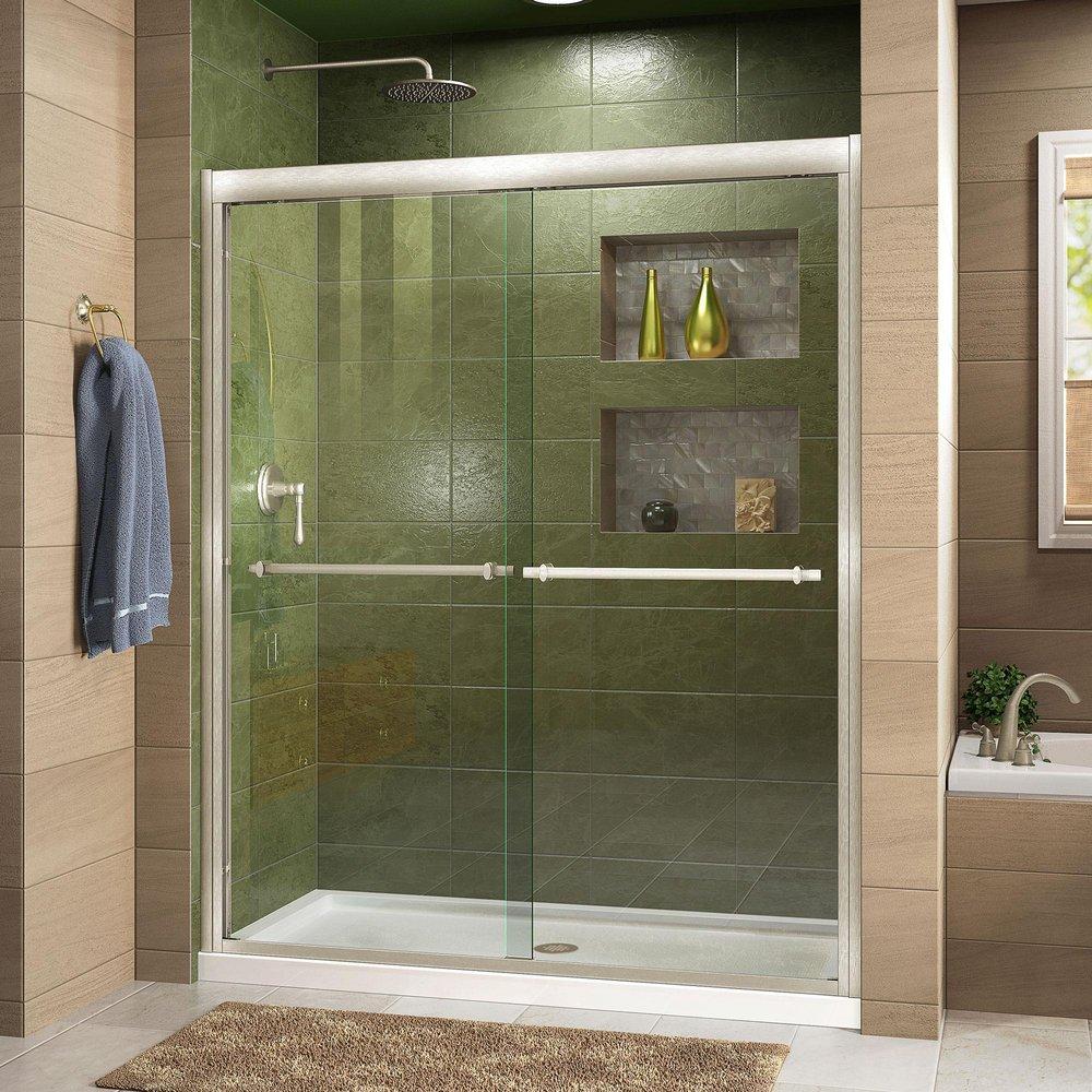 DreamLine Brushed Nickel/White 74-3/4 x 60 in. Semi-Framed Sliding Shower Door with Base Kit 