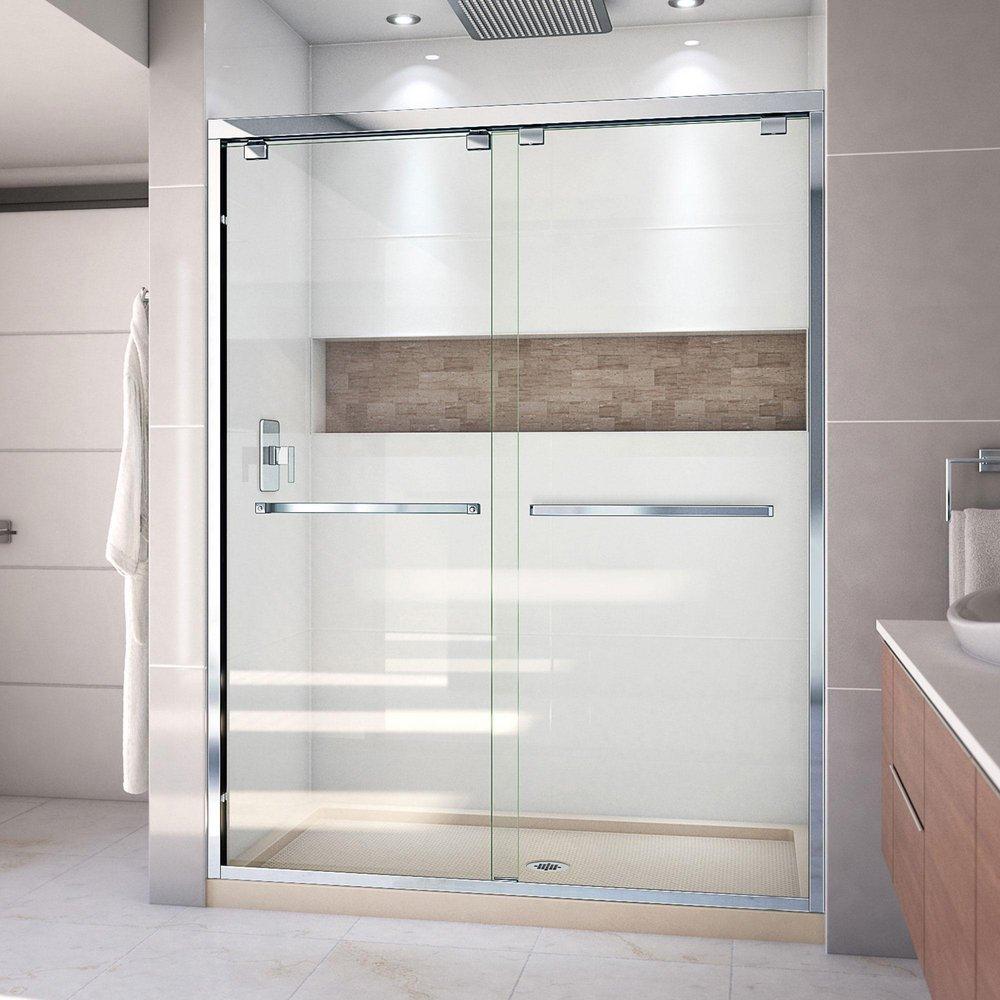 DreamLine Chrome/Biscuit 78-3/4 x 60 in. Semi-Framed Sliding Shower Door with Base Kit 