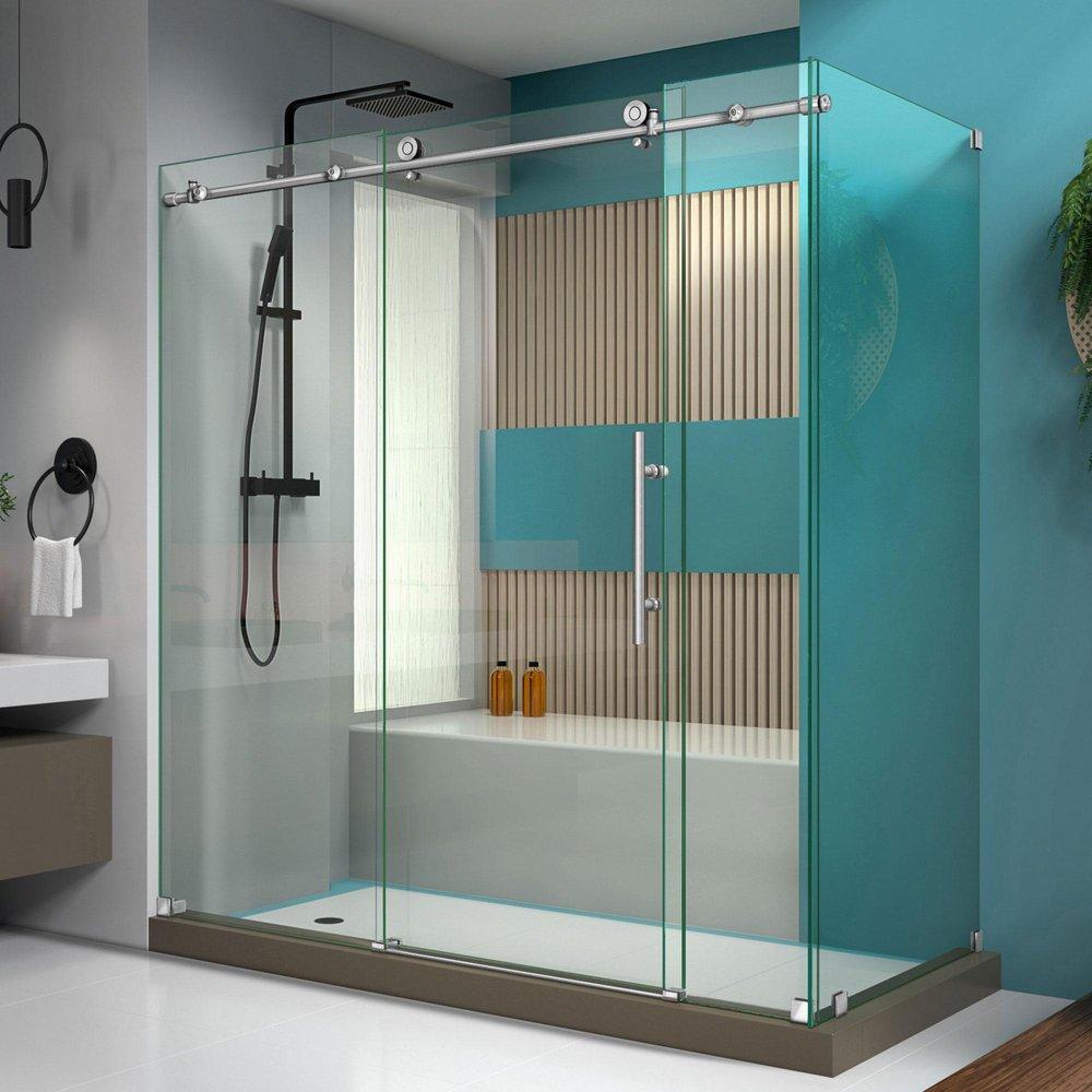 DreamLine Brushed Stainless Steel 76 x 72-3/8 in. Frameless Sliding Shower Enclosure 