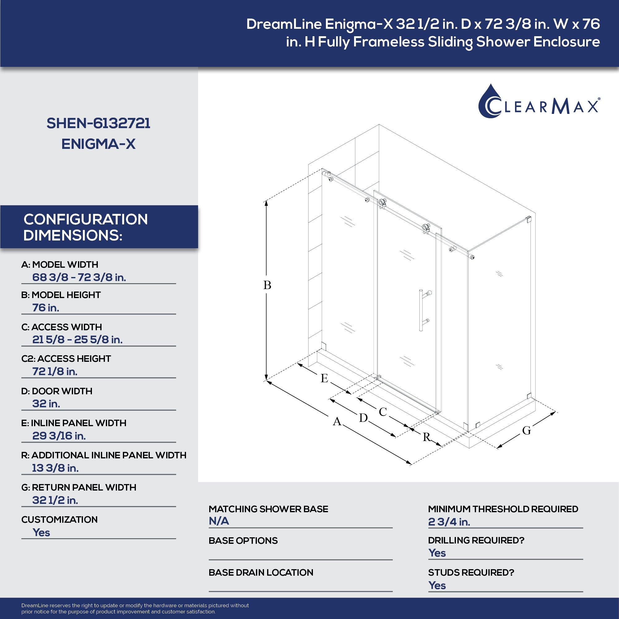 DreamLine Brushed Stainless Steel 76 x 72-3/8 in. Frameless Sliding Shower Enclosure 