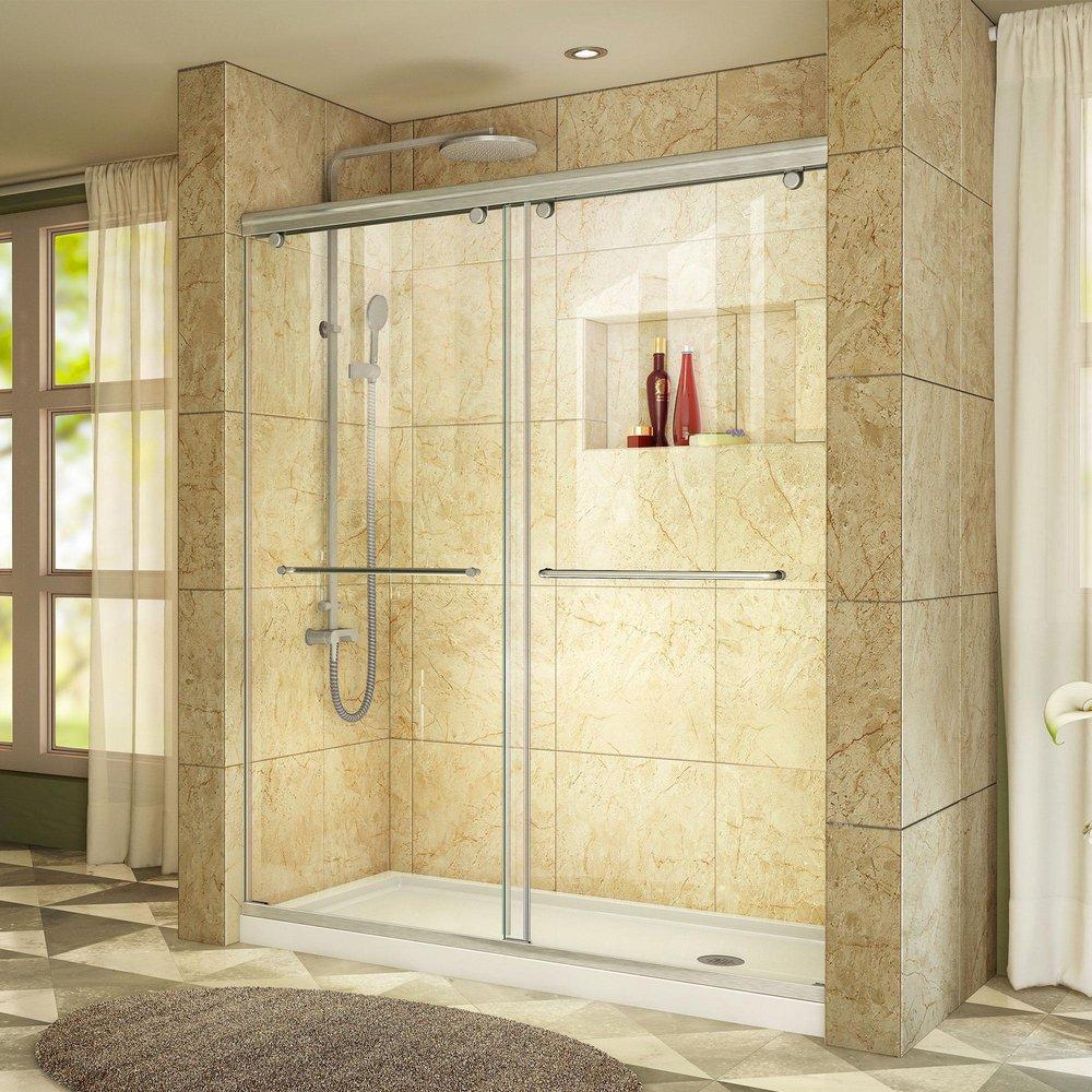 DreamLine Brushed Nickel/White 78-3/4 x 60 in. Frameless Sliding Shower Door with Base Kit 