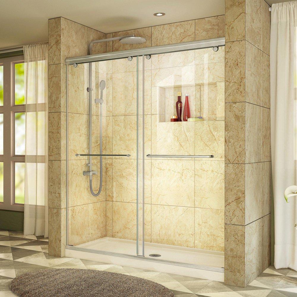 DreamLine Brushed Nickel/Biscuit 78-3/4 x 60 in. Frameless Sliding Shower Door with Base Kit 