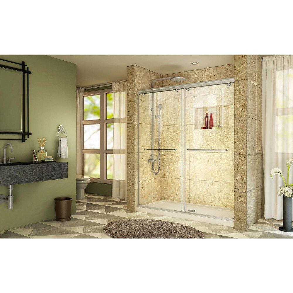 DreamLine Brushed Nickel/Biscuit 78-3/4 x 60 in. Frameless Sliding Shower Door with Base Kit 