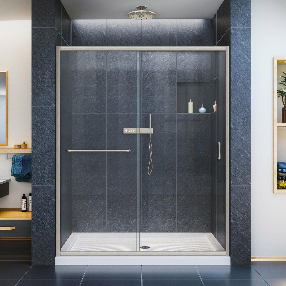 DreamLine Brushed Nickel 54 in. Semi-Frameless Sliding Shower Door with Clear Glass 