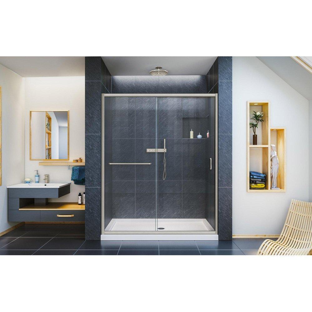 DreamLine Brushed Nickel 54 in. Semi-Frameless Sliding Shower Door with Clear Glass 