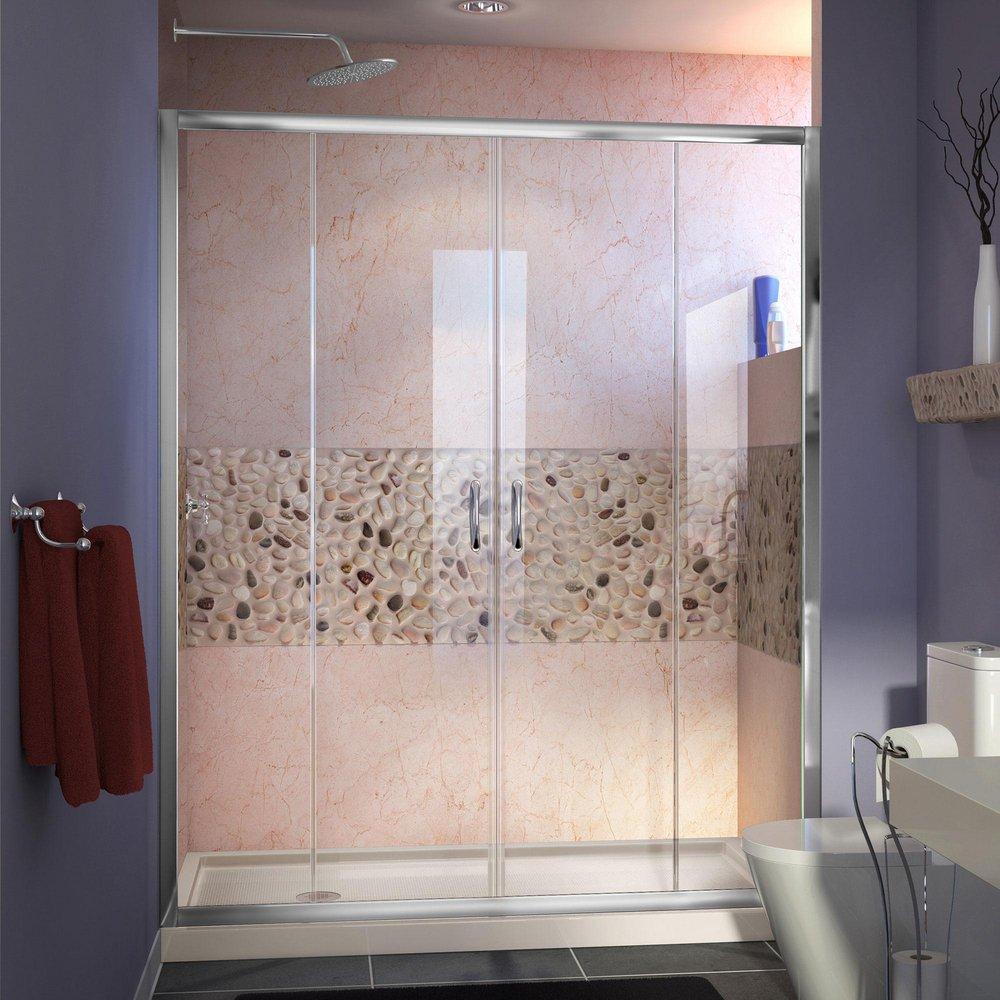 DreamLine Chrome/Biscuit 74-3/4 x 60 in. Semi-Framed Sliding Shower Door with Base Kit 