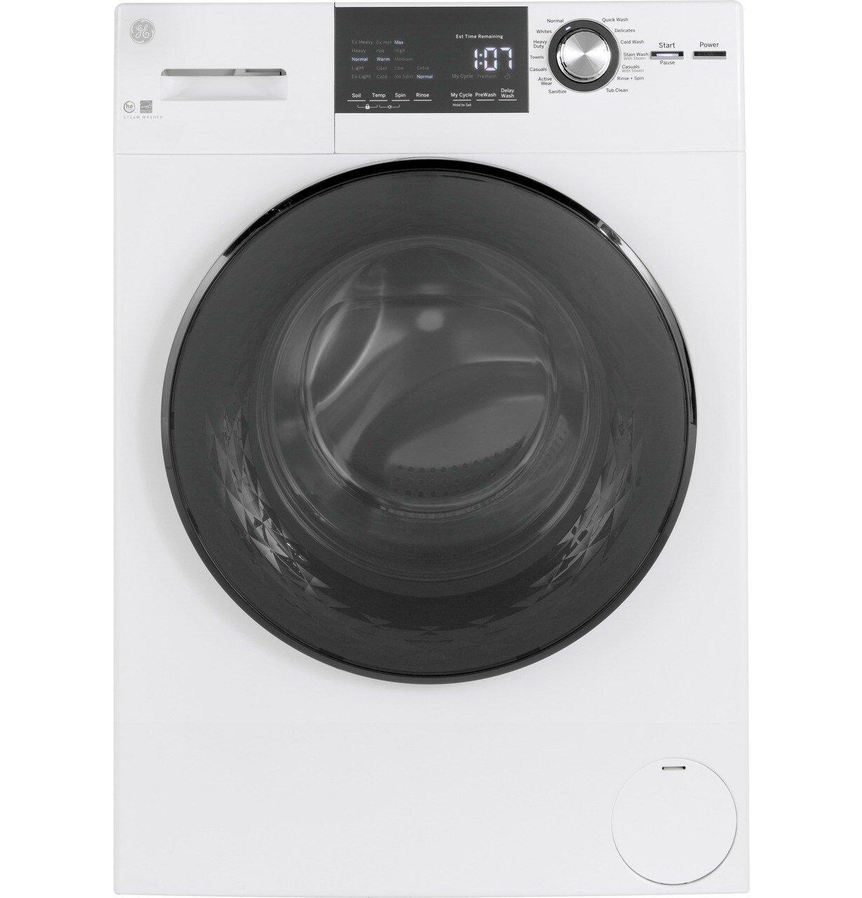 GE&reg; White on White 25-5/8 in. 2.4 cu. ft. Electric Front Load Washer 