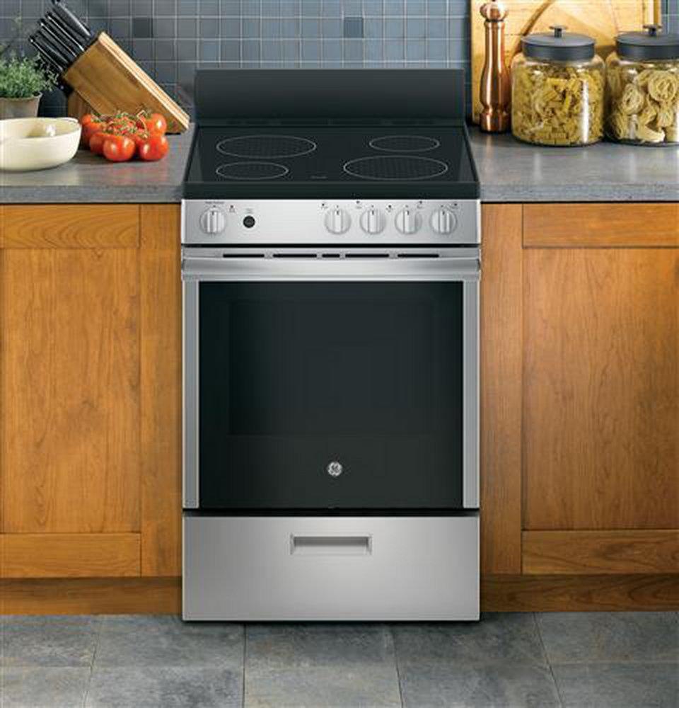 GE&reg; Stainless Steel 23-7/8 in. Electric 4-Burner Smoothtop Freestanding Range 