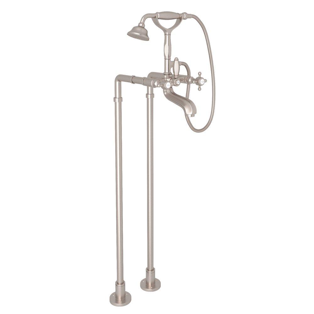 ROHL&reg; Satin Nickel Floor Mount Tub Filler with Metal Triple Cross Handle and Hand Shower 
