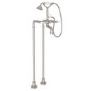 Floor Mount Tub Filler with Porcelain Triple Lever Handle and Hand Shower in Satin Nickel