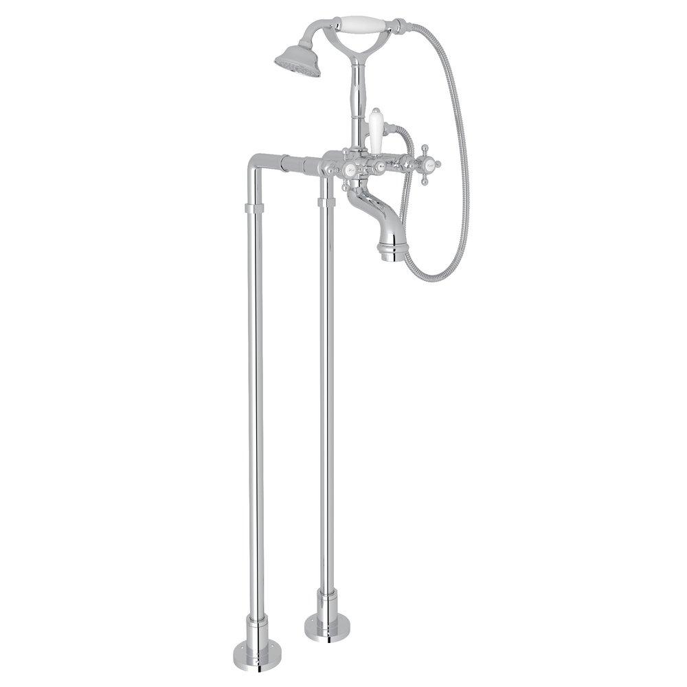 ROHL&reg; Polished Chrome Floor Mount Tub Filler with Metal Triple Cross Handle and Hand Shower 
