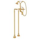 Floor Mount Tub Filler with Porcelain Triple Lever Handle and Hand Shower in Inca Brass