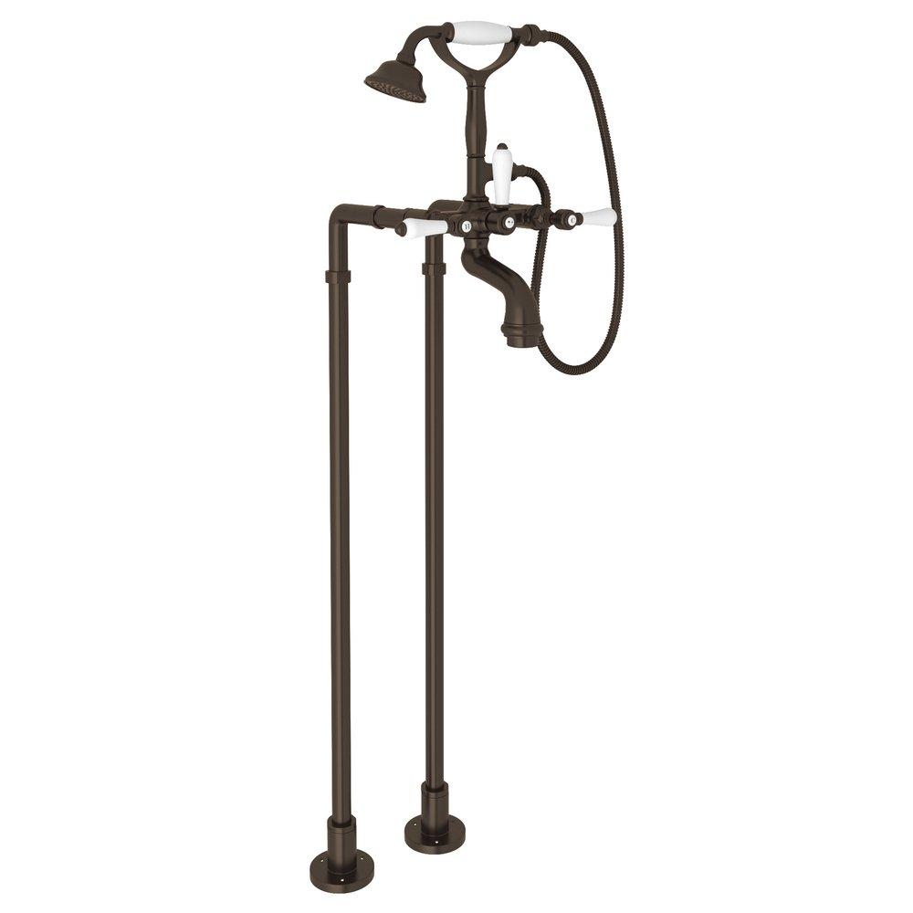 ROHL&reg; Tuscan Brass Floor Mount Tub Filler with Porcelain Triple Lever Handle and Hand Shower 