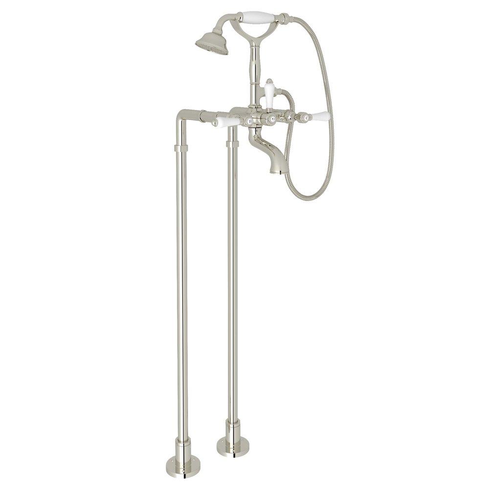 ROHL&reg; Polished Nickel Floor Mount Tub Filler with Porcelain Triple Lever Handle and Hand Shower 