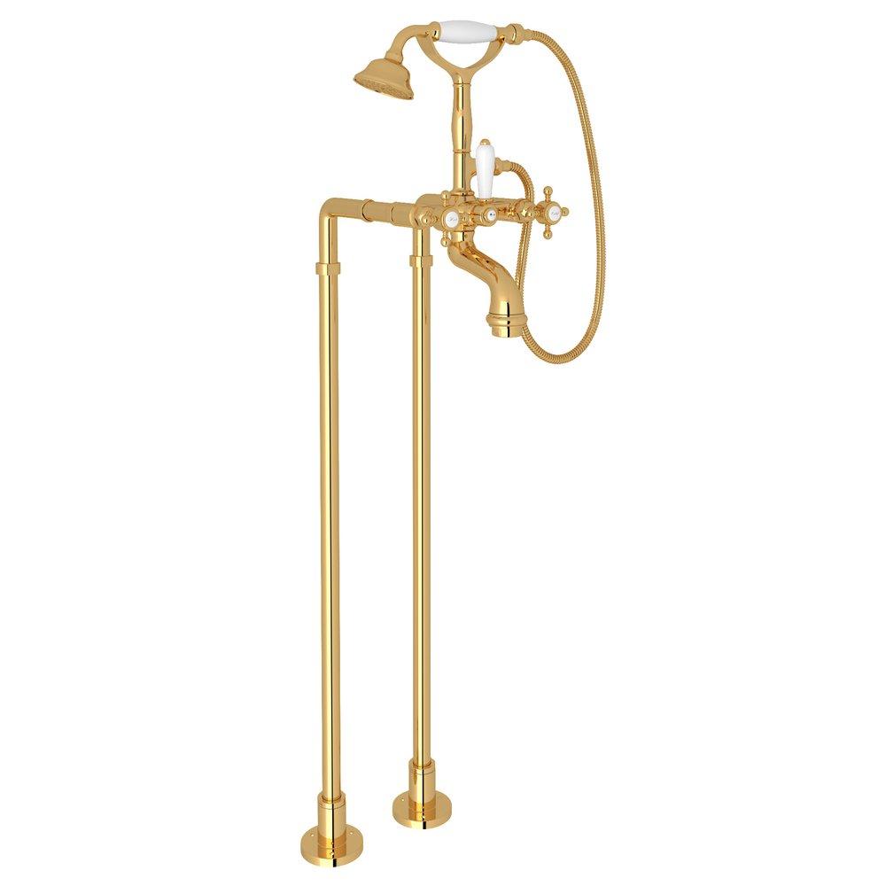 ROHL&reg; Inca Brass Floor Mount Tub Filler with Metal Triple Cross Handle and Hand Shower 
