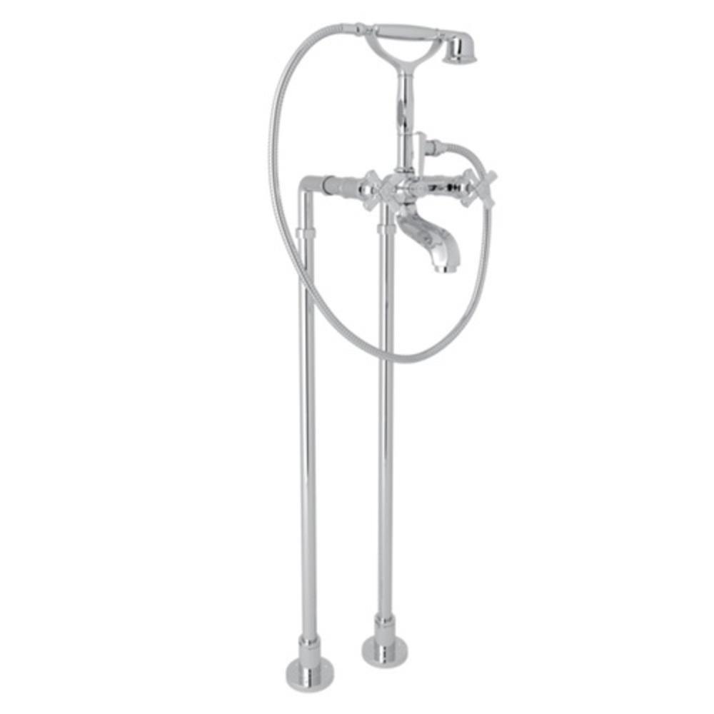 ROHL&reg; Polished Chrome Floor Mount Tub Filler with Metal Triple Cross Handle and Hand Shower 