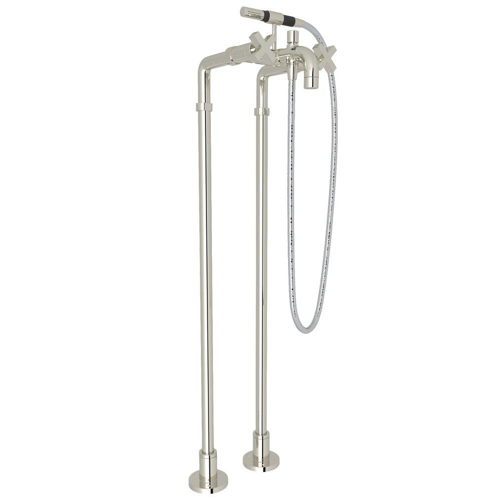 ROHL&reg; Polished Nickel Floor Mount Tub Filler with Metal Triple Cross Handle , Hand Shower and Floor Pillar Leg or Supply Union 