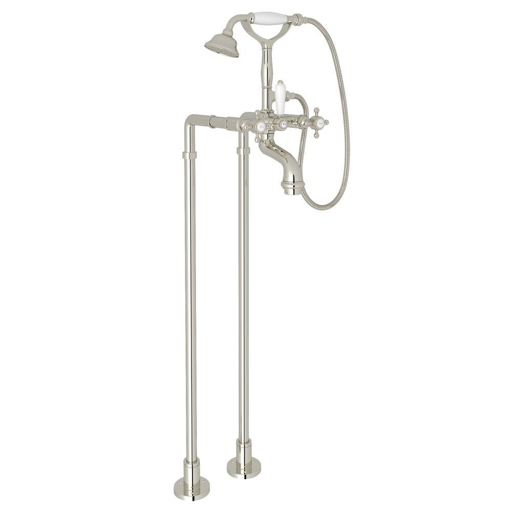 ROHL&reg; Polished Nickel Floor Mount Tub Filler with Metal Triple Cross Handle and Hand Shower 