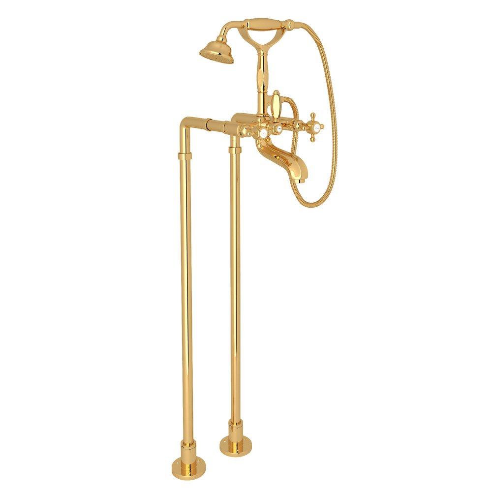 ROHL&reg; Inca Brass Floor Mount Tub Filler with Metal Triple Cross Handle and Hand Shower 