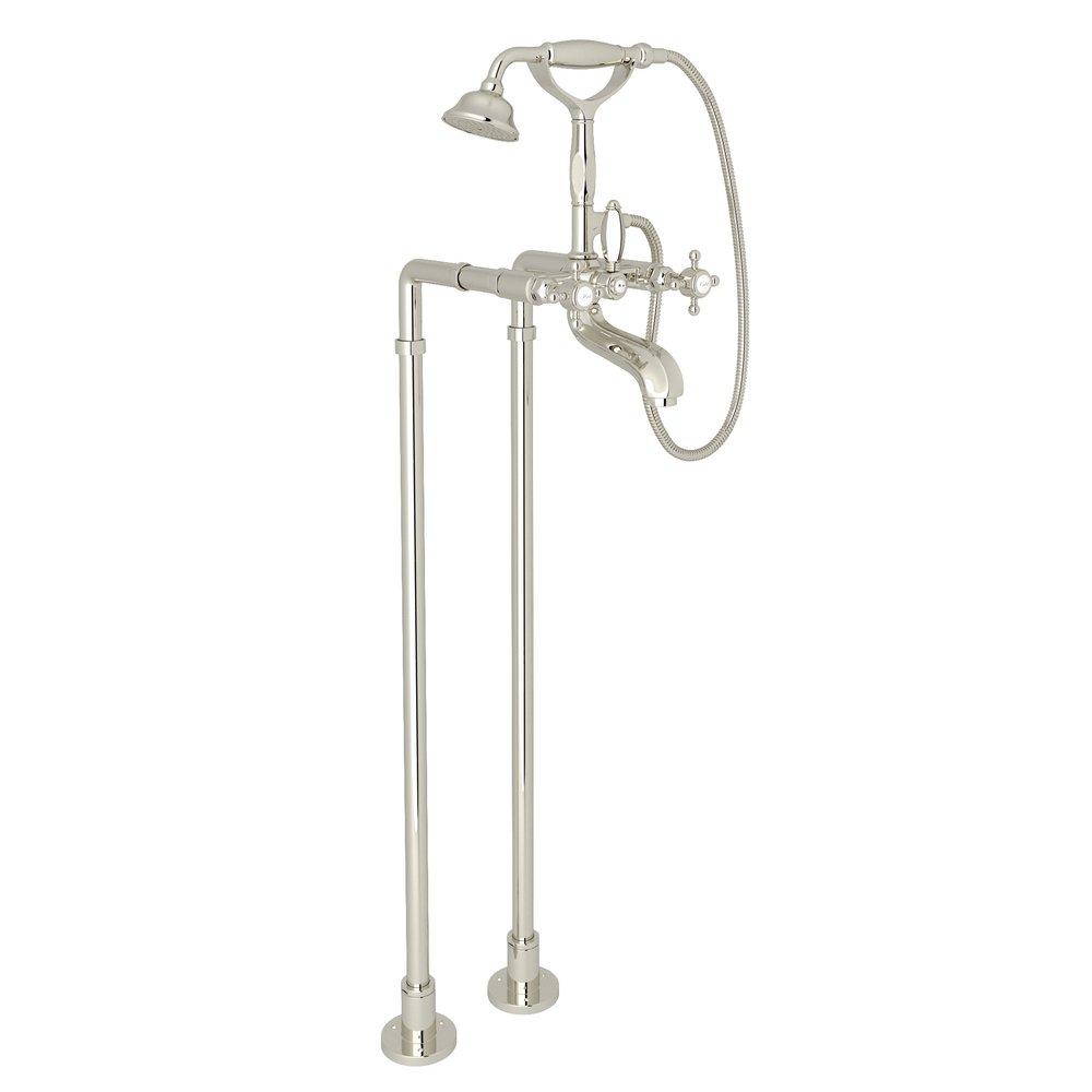 ROHL&reg; Polished Nickel Floor Mount Tub Filler with Metal Triple Cross Handle and Hand Shower 