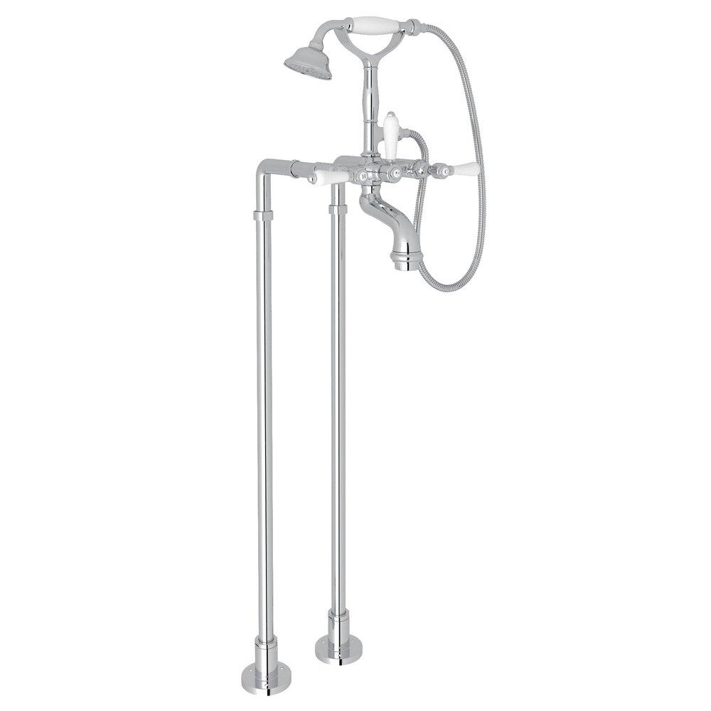 ROHL&reg; Polished Chrome Floor Mount Tub Filler with Porcelain Triple Lever Handle and Hand Shower 