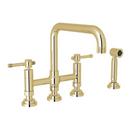 Two Handle Bridge Kitchen Faucet with Side Spray in Unlacquered Brass