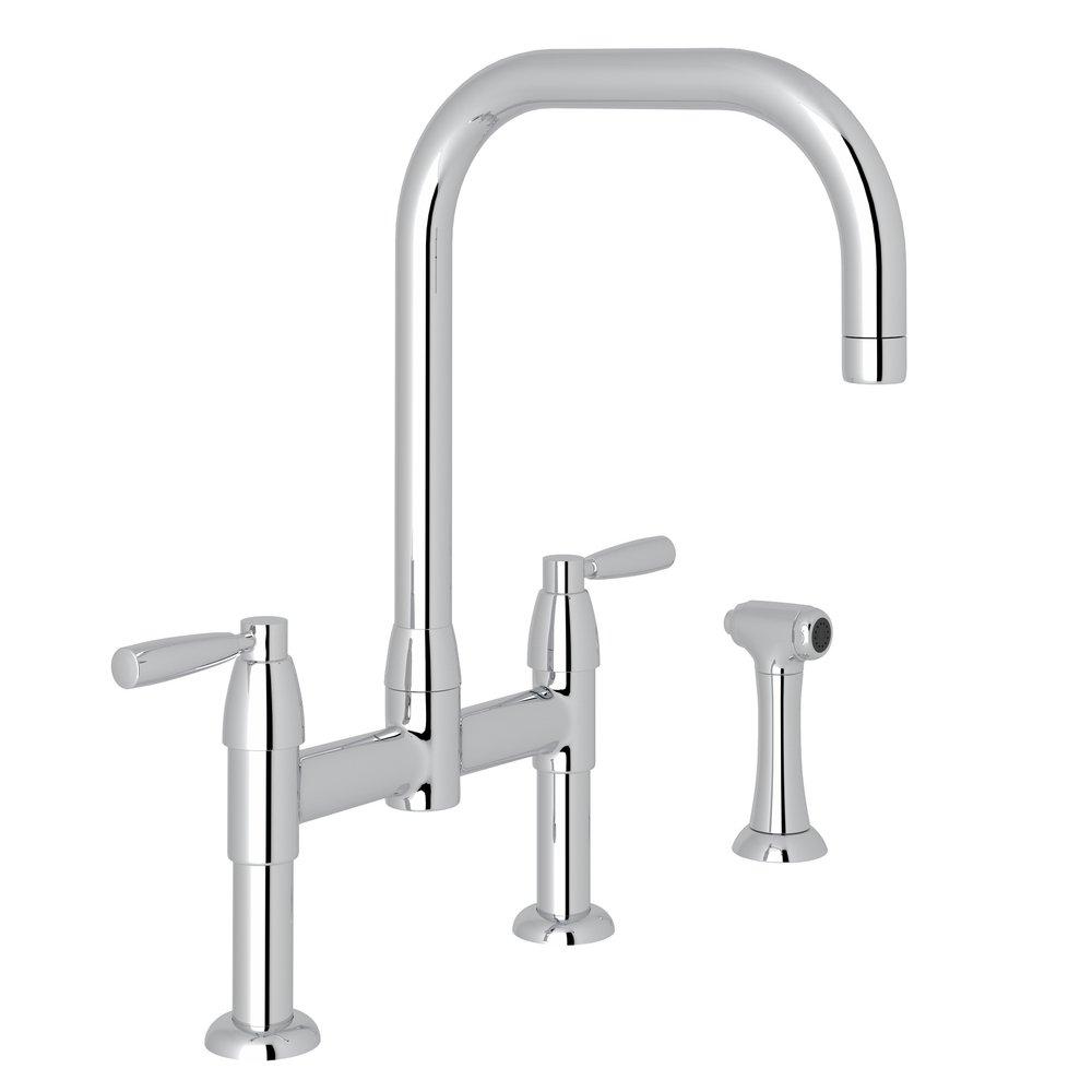 Two Handle Bridge Kitchen Faucet with Side Spray in Polished Nickel 