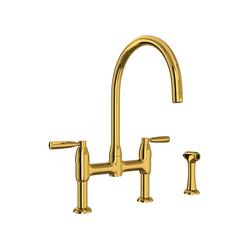 Two Handle Bridge Kitchen Faucet with Side Spray in Unlacquered Brass