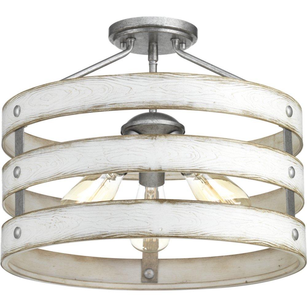 Progress Lighting Galvanized 13-1/2 in. 225W 1-Light Incandescent Semi-Flush Mount or Convertible Ceiling Fixture with Antique White Glass 
