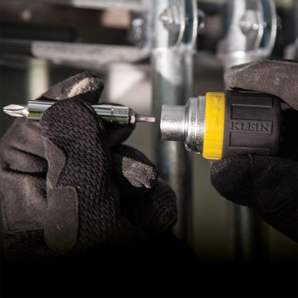 Klein Tools Black 6-in-1 Ratcheting Stubby Steel Screwdriver in Yellow and Black 