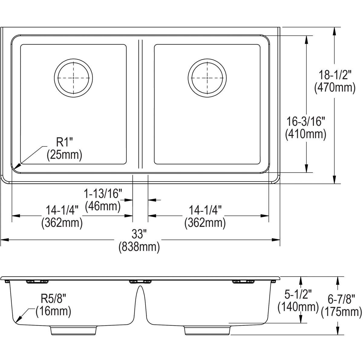 Elkay Black 33 x 18-1/2 in. No Hole Composite Double Bowl Undermount Kitchen Sink 