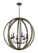 38 in. 60W 6-Light Candelabra E-12 Incandescent Chandelier in Weathered Oak Wood with Antique Forged Iron