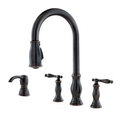 Two Handle Pull Down Kitchen Faucet with Soap Dispenser in Tuscan Bronze