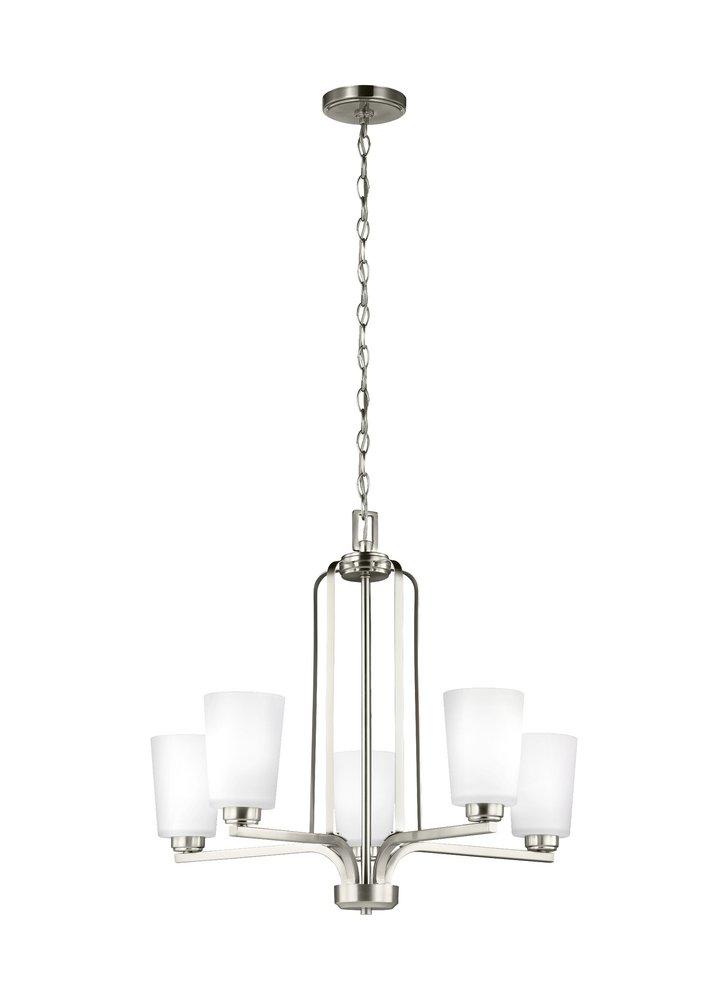 500W 5 Light 26in. Wide Shaded Chandelier with Etched White Glass in Brushed Nickel 