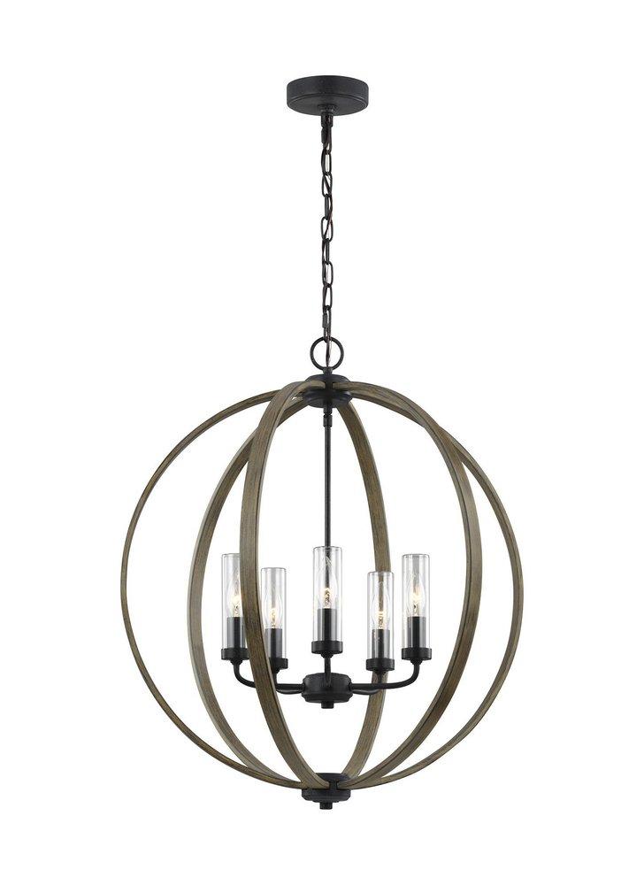 Visual Comfort & Co. Studio Weathered Oak Wood/Antique Forged Iron 60W 5-Light Candelabra E-12 Incandescent Outdoor Chandelier 