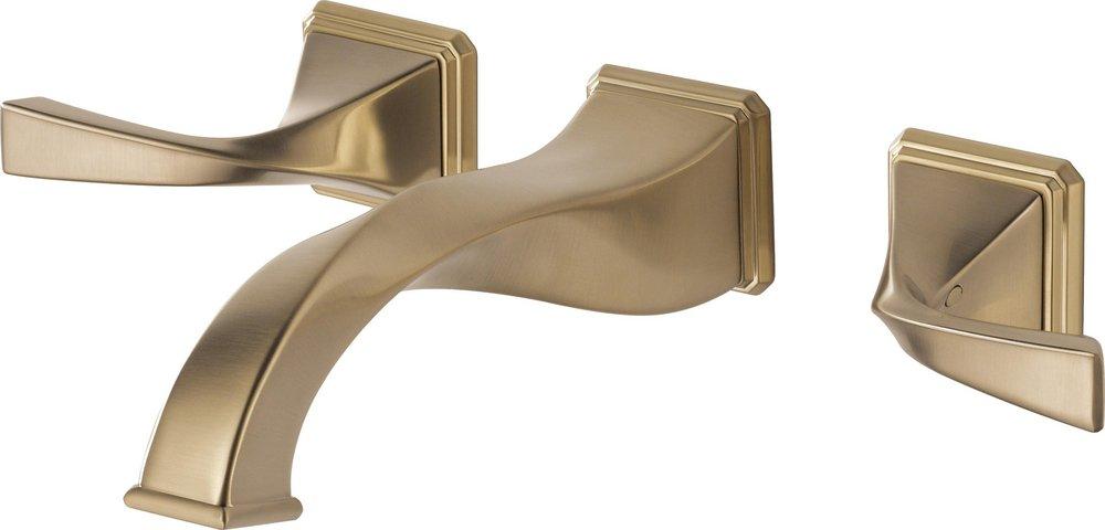 Brizo Luxe Gold Wall Mount Widespread Bathroom Sink Faucet with Double Lever Handle and Rigid Spout 