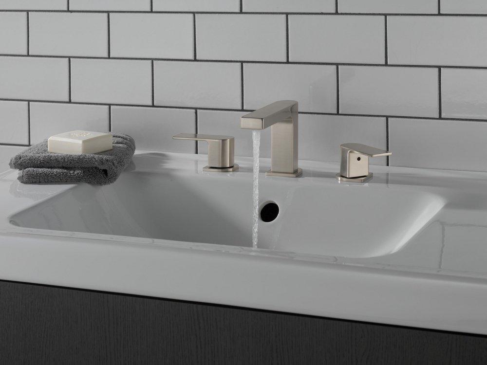 Peerless&reg; Brushed Nickel Two Handle Widespread Bathroom Sink Faucet Lever Handle 